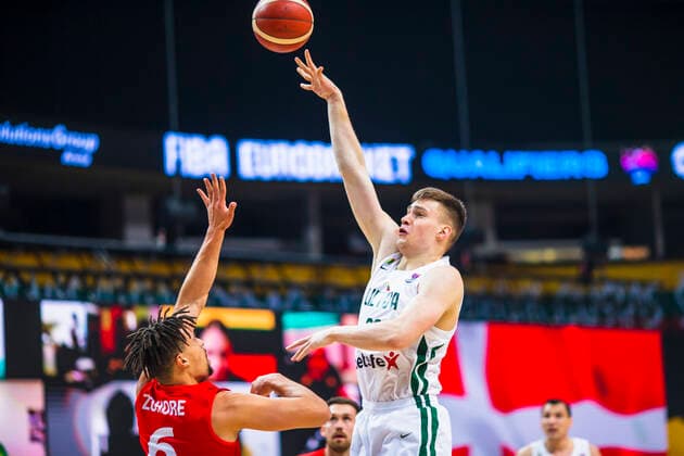 2021-02-22 Vilnius Lithuania. National teams of Lithuania and Denmark play FIBA Eurobasket 2022 qualifier group C match in Vilnius on Monday 22 of February 2022. Vilnius Lithuania KKF20210222_3149  Copyright: xKarolisxKavolelisx FIBA basketball Lithuania