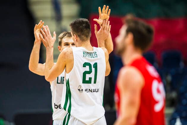 2021-02-22 Vilnius Lithuania. National teams of Denmark and Lithuania play FIBA Eurobasket 2022 qualifier group C match in Vilnius on Monday 22 of February 2022. Vilnius Lithuania KKF20210222_3211  Copyright: xKarolisxKavolelisx FIBA basketball Lithuania Denmark