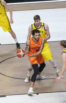 Jito Kok (33) of Netherlands and Simon Birgander (35) of Sweden during the FIBA Eurobasket Qualifiers Group D match between Netherlands and Sweden at Besiktas Akatlar Arena in Istanbul , Turkey on February 22 , 2021. 