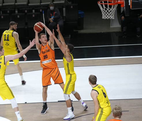 Luuk van Bree (20) of Netherlands and of Sweden during the FIBA Eurobasket Qualifiers Group D match between Netherlands and Sweden at Besiktas Akatlar Arena in Istanbul , Turkey on February 22 , 2021. 