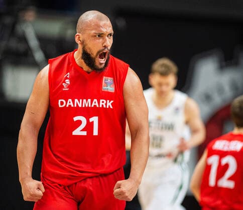(210223) -- VILNIUS, Feb. 23, 2021 -- Kevin Larsen of Denmark reacts during a FIBA EuroBasket 2022 qualifying basketball match between Lithuania and Denmark in Vilnius, Lithuania, on Feb. 22, 2021. (Photo by Xinhua) (SP)LITHUANIA-VILNIUS-BASKETBALL-FIBA EUROBASKET 2022 QUALIFIERS-LITHUANIA VS DENMARK AlfredasxPliadis 