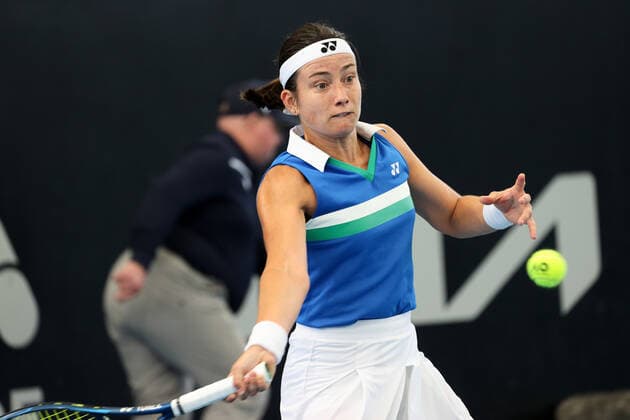 ADELAIDE, AUSTRALIA - FEBRUARY 24: Anastasija Sevastova of Lativa plays a shot against Christina McHale of United States during their singles match on day three of the Adelaide International tennis tournament at Memorial Drive on February 24, 2021 in Adelaide, Australia. (Photo by Peter Mundy Speed Media Icon Sportswire) TENNIS: FEB 24 - Adelaide International Icon210224013