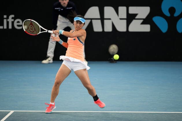 ADELAIDE, AUSTRALIA - FEBRUARY 24: Misaki Doi of Japan plays a shot against Belinda Bencic of Switzerland during their singles match on day three of the Adelaide International tennis tournament at Memorial Drive on February 24, 2021 in Adelaide, Australia. (Photo by Peter Mundy Speed Media Icon Sportswire) TENNIS: FEB 24 - Adelaide International Icon210224073