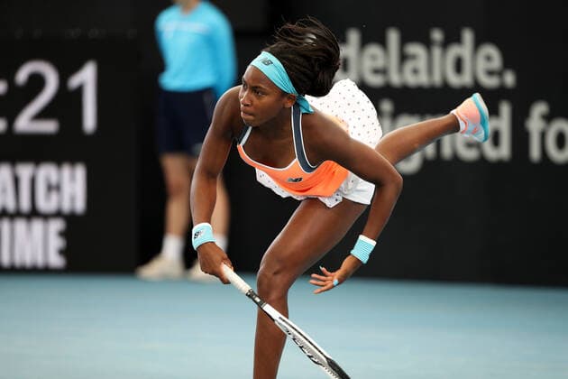 ADELAIDE, AUSTRALIA - FEBRUARY 24: Coco Gauff of United States plays a shot against Petra Martic of Croatia during their singles match on day three of the Adelaide International tennis tournament at Memorial Drive on February 24, 2021 in Adelaide, Australia. (Photo by Peter Mundy Speed Media Icon Sportswire) TENNIS: FEB 24 - Adelaide International Icon210224137