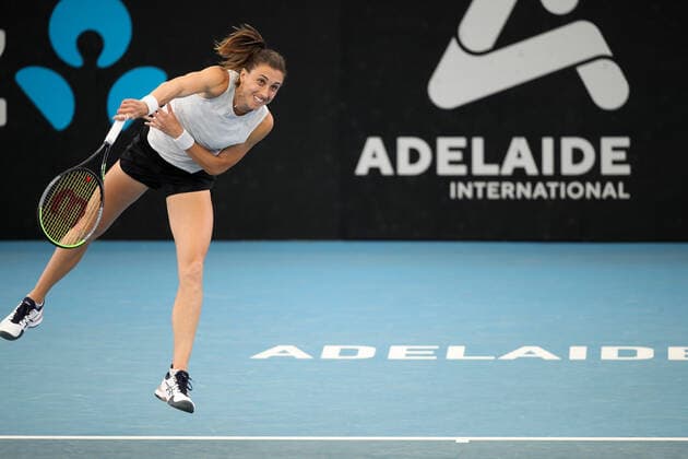 ADELAIDE, AUSTRALIA - FEBRUARY 24: Petra Martic of Croatia plays a shot against Coco Gauff of United States during their singles match on day three of the Adelaide International tennis tournament at Memorial Drive on February 24, 2021 in Adelaide, Australia. (Photo by Peter Mundy Speed Media Icon Sportswire) TENNIS: FEB 24 - Adelaide International Icon210224154