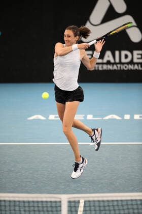 ADELAIDE, AUSTRALIA - FEBRUARY 24: Petra Martic of Croatia plays a shot against Coco Gauff of United States during their singles match on day three of the Adelaide International tennis tournament at Memorial Drive on February 24, 2021 in Adelaide, Australia. (Photo by Peter Mundy Speed Media Icon Sportswire) TENNIS: FEB 24 - Adelaide International Icon210224157