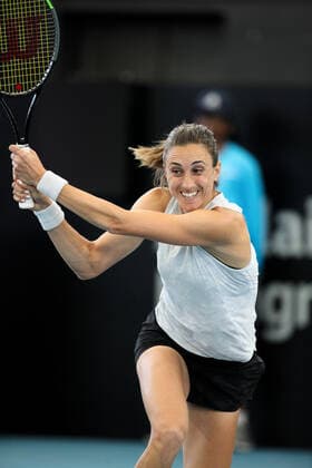 ADELAIDE, AUSTRALIA - FEBRUARY 24: Petra Martic of Croatia plays a shot against Coco Gauff of United States during their singles match on day three of the Adelaide International tennis tournament at Memorial Drive on February 24, 2021 in Adelaide, Australia. (Photo by Peter Mundy Speed Media Icon Sportswire) TENNIS: FEB 24 - Adelaide International Icon210224173