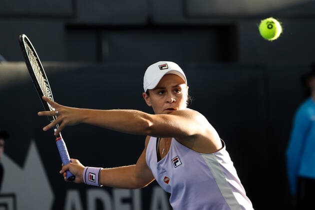 ADELAIDE, AUSTRALIA - FEBRUARY 24: Ash Barty of Australia plays a shot against Danielle Collins of United States during their singles match on day three of the Adelaide International tennis tournament at Memorial Drive on February 24, 2021 in Adelaide, Australia. (Photo by Peter Mundy Speed Media Icon Sportswire) TENNIS: FEB 24 - Adelaide International Icon210224224