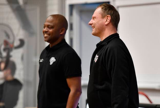 24.02.2021 - Basketball - Saison 2020 2021 - 2. Bundesliga Pro-A - 10. Spieltag: Nürnberg Falcons Basketball Club NBC - Uni Baskets Paderborn - - Derrick Taylor ( Co-Trainer Assistant-Coach Nürnberg Falcons BC NBC ) Ralph Junge ( Trainer Geschäftsführer Headcoach Nürnberg Falcons BC NBC ) vor Spielbeginn
