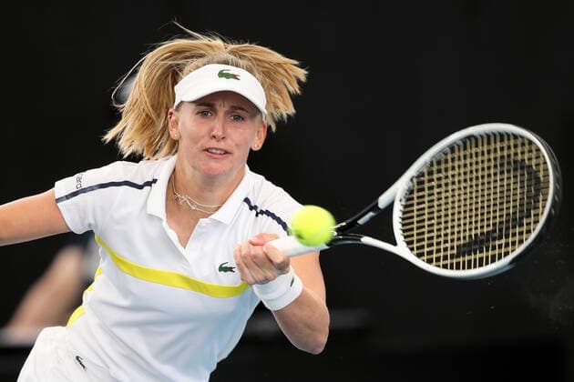 ADELAIDE, AUSTRALIA - FEBRUARY 25: Jil Teichmann of Switzerland plays a shot against Anastasija Sevastova of Lativa during their singles match on day four of the Adelaide International tennis tournament at Memorial Drive on February 25, 2021 in Adelaide, Australia. (Photo by Peter Mundy Speed Media Icon Sportswire) TENNIS: FEB 25 - Adelaide International Icon210225018