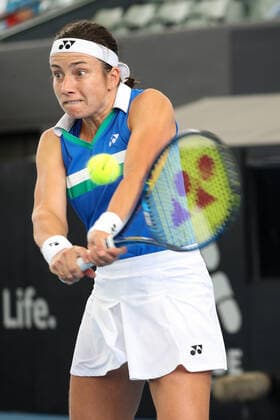 ADELAIDE, AUSTRALIA - FEBRUARY 25: Anastasija Sevastova of Lativa plays a shot against Jil Teichmann of Switzerland during their singles match on day four of the Adelaide International tennis tournament at Memorial Drive on February 25, 2021 in Adelaide, Australia. (Photo by Peter Mundy Speed Media Icon Sportswire) TENNIS: FEB 25 - Adelaide International Icon210225030