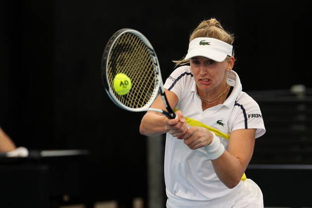 ADELAIDE, AUSTRALIA - FEBRUARY 25: Jil Teichmann of Switzerland plays a shot against Anastasija Sevastova of Lativa during their singles match on day four of the Adelaide International tennis tournament at Memorial Drive on February 25, 2021 in Adelaide, Australia. (Photo by Peter Mundy Speed Media Icon Sportswire) TENNIS: FEB 25 - Adelaide International Icon210225077