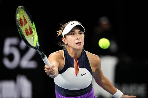 ADELAIDE, AUSTRALIA - FEBRUARY 25: Belinda Bencic of Switzerland plays a shot against Storm Sanders of Australia during their singles match on day four of the Adelaide International tennis tournament at Memorial Drive on February 25, 2021 in Adelaide, Australia. (Photo by Peter Mundy Speed Media Icon Sportswire) TENNIS: FEB 25 - Adelaide International Icon210225266