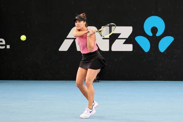 ADELAIDE, AUSTRALIA - FEBRUARY 26: Alexa Guarachi of Chile and Desirae Krawczyk of United States plays a shot against Kaitlyn Christian and Sabrina Santamaria of United States during their doubles match on day five of the Adelaide International tennis tournament at Memorial Drive on February 26, 2021 in Adelaide, Australia. (Photo by Peter Mundy Speed Media Icon Sportswire) TENNIS: FEB 26 - Adelaide International Icon210226012