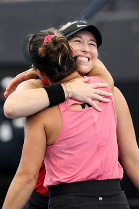 ADELAIDE, AUSTRALIA - FEBRUARY 26: Alexa Guarachi of Chile and Desirae Krawczyk of United States celebrates winning the game against Kaitlyn Christian and Sabrina Santamaria of United States during their doubles match on day five of the Adelaide International tennis tournament at Memorial Drive on February 26, 2021 in Adelaide, Australia. (Photo by Peter Mundy Speed Media Icon Sportswire) TENNIS: FEB 26 - Adelaide International Icon210226044