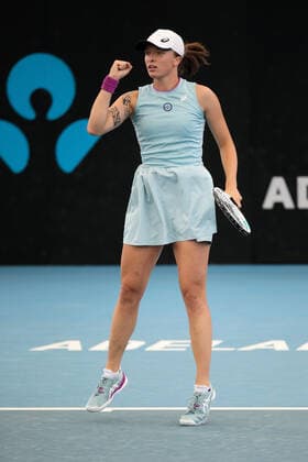 ADELAIDE, AUSTRALIA - FEBRUARY 26: Iga Swiatek of Poland plays a shot against Jil Teichmann of Switzerland during their singles match on day five of the Adelaide International tennis tournament at Memorial Drive on February 26, 2021 in Adelaide, Australia. (Photo by Peter Mundy Speed Media Icon Sportswire) TENNIS: FEB 26 - Adelaide International Icon210226065