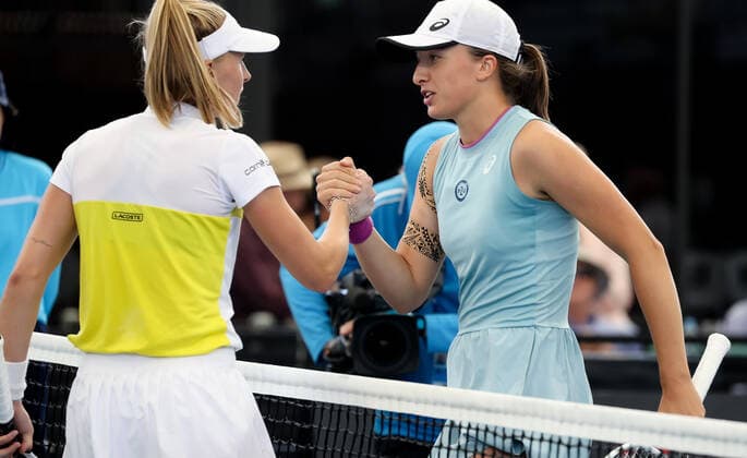 ADELAIDE, AUSTRALIA - FEBRUARY 26: Iga Swiatek of Poland celebrates winning the game against Jil Teichmann of Switzerland during their singles match on day five of the Adelaide International tennis tournament at Memorial Drive on February 26, 2021 in Adelaide, Australia. (Photo by Peter Mundy Speed Media Icon Sportswire) TENNIS: FEB 26 - Adelaide International Icon210226106