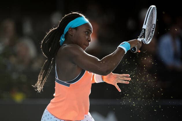 ADELAIDE, AUSTRALIA - FEBRUARY 26: Coco Gauff of United States plays a shot against Belinda Bencic of Switzerland during their singles match on day five of the Adelaide International tennis tournament at Memorial Drive on February 26, 2021 in Adelaide, Australia. (Photo by Peter Mundy Speed Media Icon Sportswire) TENNIS: FEB 26 - Adelaide International Icon210226137