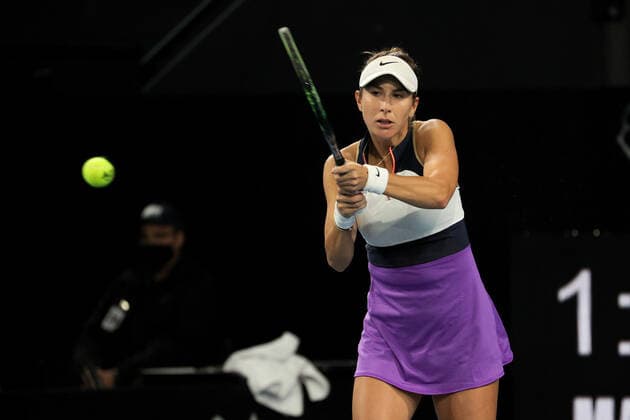 ADELAIDE, AUSTRALIA - FEBRUARY 26: Belinda Bencic of Switzerland plays a shot against Coco Gauff of United States during their singles match on day five of the Adelaide International tennis tournament at Memorial Drive on February 26, 2021 in Adelaide, Australia. (Photo by Peter Mundy Speed Media Icon Sportswire) TENNIS: FEB 26 - Adelaide International Icon210226190