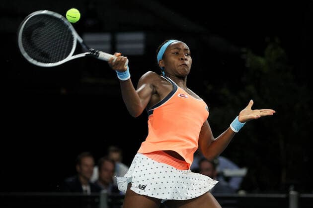 ADELAIDE, AUSTRALIA - FEBRUARY 26: Coco Gauff of United States plays a shot against Belinda Bencic of Switzerland during their singles match on day five of the Adelaide International tennis tournament at Memorial Drive on February 26, 2021 in Adelaide, Australia. (Photo by Peter Mundy Speed Media Icon Sportswire) TENNIS: FEB 26 - Adelaide International Icon210226203