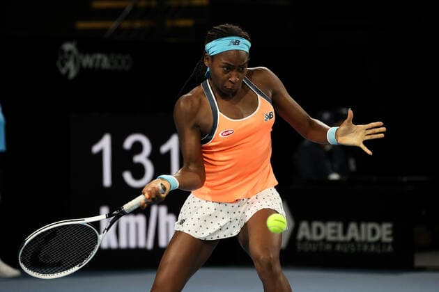 ADELAIDE, AUSTRALIA - FEBRUARY 26: Coco Gauff of United States plays a shot against Belinda Bencic of Switzerland during their singles match on day five of the Adelaide International tennis tournament at Memorial Drive on February 26, 2021 in Adelaide, Australia. (Photo by Peter Mundy Speed Media Icon Sportswire) TENNIS: FEB 26 - Adelaide International Icon210226204