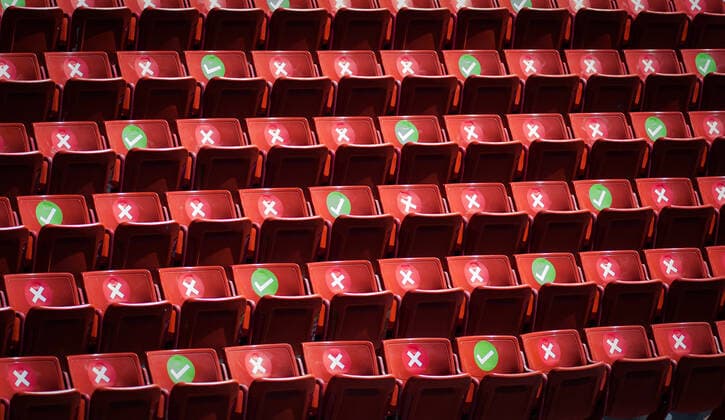 February 26, 2021, DOHA, QATAR: Seats being marked for social distancing ahead of the 2021 Qatar Total Open WTA, Tennis Damen 500 tournament. DOHA QATAR - ZUMAa181 20210226_zaa_a181_010 Copyright: xRobxPrangex