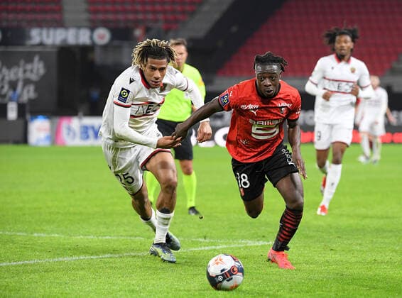 18 JEREMY DOKU (REN) - 25 JEAN CLAIR TODIBO (NICE) FOOTBALL : Rennes vs Nice - Ligue 1 Uber Eats - 26 02 2021 FEP Panoramic 