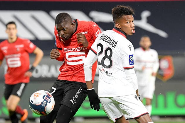 27 HAMARI TRAORE (REN) - 28 HICHAM BOUDAOUI (NICE) FOOTBALL : Rennes vs Nice - Ligue 1 Uber Eats - 26 02 2021 FEP Panoramic 