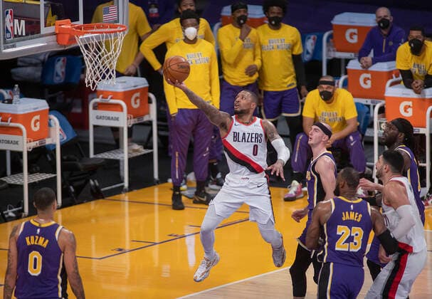 February 26, 2021, Los Angeles, California, USA: Damian Lillard 0 of the Portland Trailblazers puts up a layup during their regular season NBA, Basketball Herren, USA game with the Los Angeles Lakers on Friday February 26, 2021 at the Staples Center in Los Angeles, California. Lakers defeat Trailblazers, 102-93. PI Los Angeles USA - ZUMAp124 20210226_zaa_p124_040 Copyright: xJAVIERxROJASx