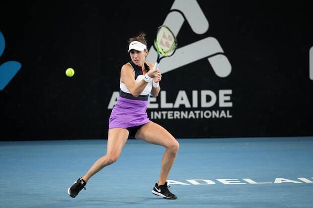 ADELAIDE, AUSTRALIA - FEBRUARY 27: Belinda Bencic of Switzerland plays a shot against Iga Swiatek of Poland during their singles final match on day six of the Adelaide International tennis tournament at Memorial Drive on February 27, 2021 in Adelaide, Australia. (Photo by Peter Mundy Speed Media Icon Sportswire) TENNIS: FEB 27 - Adelaide International Icon210227135