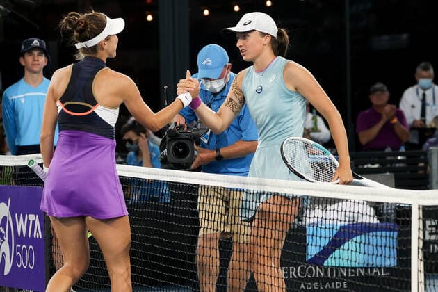 ADELAIDE, AUSTRALIA - FEBRUARY 27: Iga Swiatek of Poland celebrates winning the game against Belinda Bencic of Switzerland during their singles final match on day six of the Adelaide International tennis tournament at Memorial Drive on February 27, 2021 in Adelaide, Australia. (Photo by Peter Mundy Speed Media Icon Sportswire) TENNIS: FEB 27 - Adelaide International Icon210227161