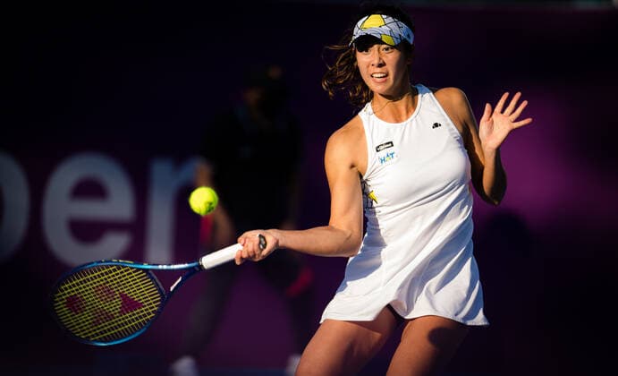 February 27, 2021, DOHA, QATAR: Ena Shibahara of Japan in action during the first qualifications round of the 2021 Qatar Total Open WTA, Tennis Damen 500 tournament against Mubaraka Al-Naimi of Qatar DOHA QATAR - ZUMAa181 20210227_zaa_a181_152 Copyright: xRobxPrangex