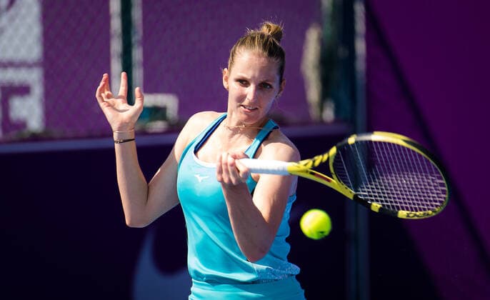 February 27, 2021, DOHA, QATAR: Kristyna Pliskova of the Czech Republic in action during the first qualifications round of the 2021 Qatar Total Open WTA, Tennis Damen 500 tournament against Darija Jurak of Croatia DOHA QATAR - ZUMAa181 20210227_zaa_a181_181 Copyright: xRobxPrangex