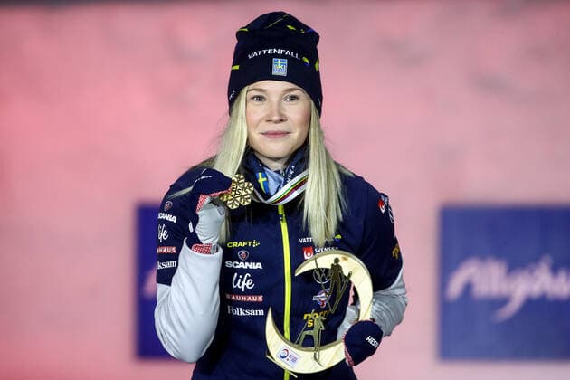 OBERSTDORF, GERMANY - FEBRUARY 27, 2021: Gold medalist Jonna Sundling of Sweden during an award ceremony for the women s classic sprint event at the 2021 FIS Nordic World Ski Championships. Sergei Bobylev TASS  TS0F8074