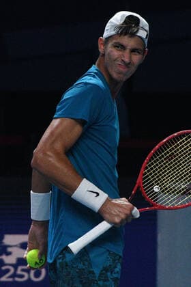 (210228) -- SINGAPORE, Feb. 28, 2021 -- Alexei Popyrin of Australia reacts during the men s singles final against Alexander Bublik of Kazakhstan at the Singapore Tennis Open tournament in Singapore on Feb. 28, 2021. (Photo by Xinhua) (SP)SINGAPORE-TENNIS-SINGAPORE OPEN-MEN S SINGLES ThenxChihxWey 