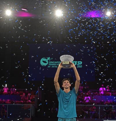 (210228) -- SINGAPORE, Feb. 28, 2021 -- Alexei Popyrin of Australia celebrates during the awarding ceremony after the men s singles final against Alexander Bublik of Kazakhstan at the Singapore Tennis Open tournament in Singapore on Feb. 28, 2021. (Photo by Xinhua) (SP)SINGAPORE-TENNIS-SINGAPORE OPEN-MEN S SINGLES ThenxChihxWey 