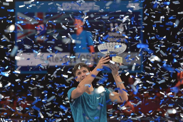 (210228) -- SINGAPORE, Feb. 28, 2021 -- Alexei Popyrin of Australia celebrates during the awarding ceremony after the men s singles final against Alexander Bublik of Kazakhstan at the Singapore Tennis Open tournament in Singapore on Feb. 28, 2021. (Photo by Xinhua) (SP)SINGAPORE-TENNIS-SINGAPORE OPEN-MEN S SINGLES ThenxChihxWey 