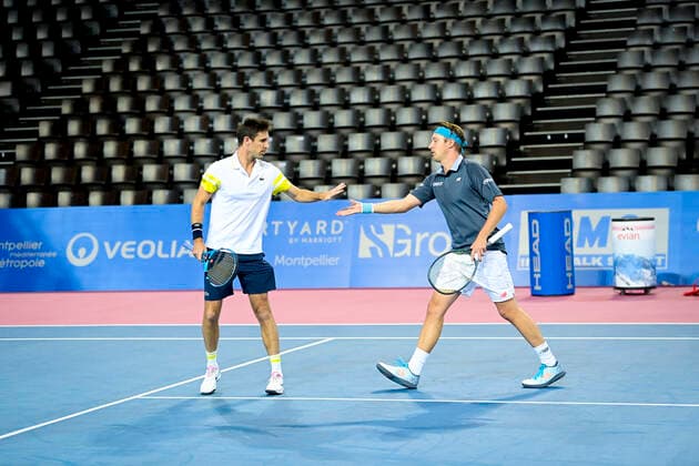 Henri Kontinen (Fin) Edouard Roger Vasselin (fra) TENNIS : Open Sud de France 2021 - Finale Double Messieurs - Montpellier - 28 02 2021 JBAutissier Panoramic 