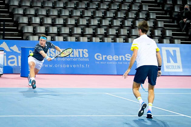 Henri Kontinen (Fin) Edouard Roger Vasselin (fra) TENNIS : Open Sud de France 2021 - Finale Double Messieurs - Montpellier - 28 02 2021 JBAutissier Panoramic 