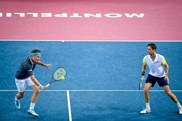 Henri Kontinen (Fin) Edouard Roger Vasselin (fra) TENNIS : Open Sud de France 2021 - Finale Double Messieurs - Montpellier - 28 02 2021 JBAutissier Panoramic 