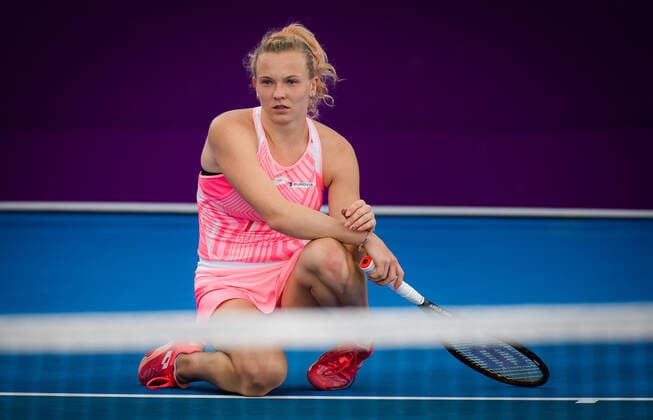 February 28, 2021, DOHA, QATAR: Katerina Siniakova of the Czech Republic in action during the second qualifications round of the 2021 Qatar Total Open WTA, Tennis Damen 500 tournament against Lesia Tsurenko of Ukraine DOHA QATAR - ZUMAa181 20210228_zaa_a181_052 Copyright: xRobxPrangex