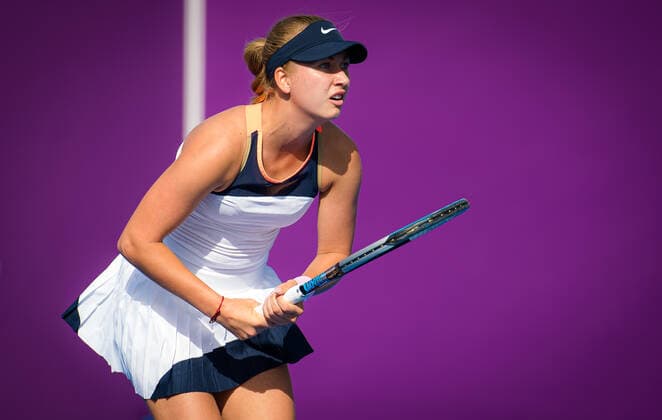 February 28, 2021, DOHA, QATAR: Anastasia Potapova of Russia in action during the second qualifications round of the 2021 Qatar Total Open WTA, Tennis Damen 500 tournament against Jessica Pegula of the United States DOHA QATAR - ZUMAa181 20210228_zaa_a181_074 Copyright: xRobxPrangex