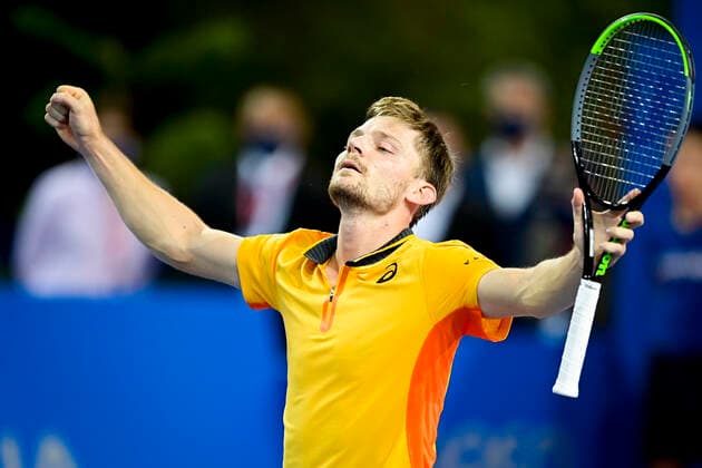 joie de David Goffin (Bel) en fin de match TENNIS : Open Sud de France 2021 - Finale Simple messieurs - Montpellier - 28 02 2021 JBAutissier Panoramic 