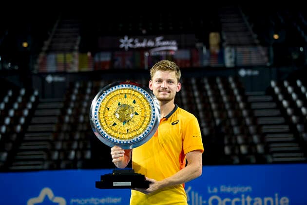 David Goffin (Bel) posant avec le trophee du Vainqueur TENNIS : Open Sud de France 2021 - Finale Simple messieurs - Montpellier - 28 02 2021 JBAutissier Panoramic 