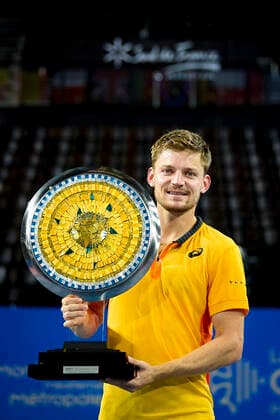 David Goffin (Bel) posant avec le trophee du Vainqueur TENNIS : Open Sud de France 2021 - Finale Simple messieurs - Montpellier - 28 02 2021 JBAutissier Panoramic 