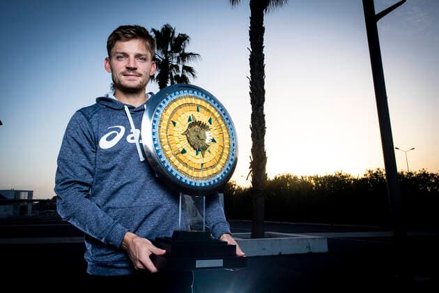 David Goffin (Bel) posant avec le trophee du Vainqueur TENNIS : Open Sud de France 2021 - Finale Simple messieurs - Montpellier - 28 02 2021 JBAutissier Panoramic 