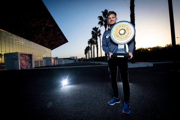 David Goffin (Bel) posant avec le trophee du Vainqueur TENNIS : Open Sud de France 2021 - Finale Simple messieurs - Montpellier - 28 02 2021 JBAutissier Panoramic 