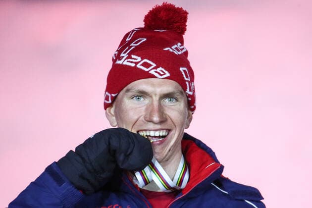 OBERSTDORF, GERMANY - FEBRUARY 28, 2021: Gold medalist Alexander Bolshunov of Russia poses for a photograph during an award ceremony for the men s 30km skiathlon event at the 2021 FIS Nordic World Ski Championships. Sergei Bobylev TASS  TS0F820F