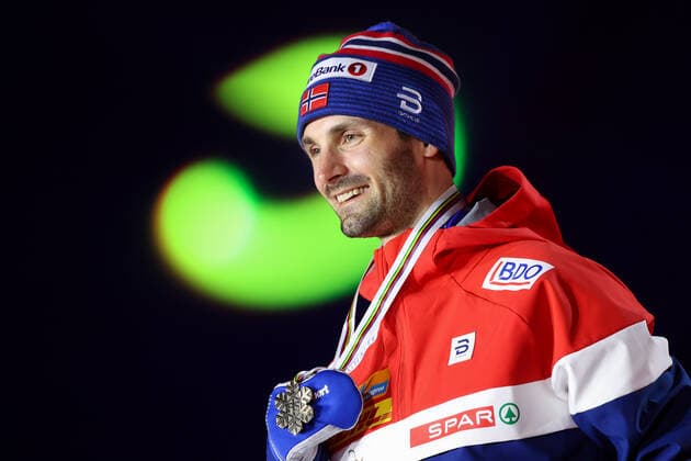 NORDIC SKIING - FIS Nordic World Ski Championships Oberstdorf 2021 OBERSTDORF,GERMANY,28.FEB.21 - NORDIC SKIING, CROSS COUNTRY SKIING - FIS Nordic World Ski Championships, 30km Skiathlon, men, award ceremony. Image shows Simen Hegstad Krueger (NOR). Keywords: medal. GEPAxpictures xChristianxWalgram