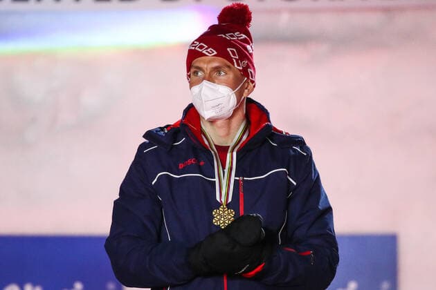 OBERSTDORF, GERMANY - FEBRUARY 28, 2021: Gold medalist Alexander Bolshunov of Russia poses for a photograph during an award ceremony for the men s 30km skiathlon event at the 2021 FIS Nordic World Ski Championships. Sergei Bobylev TASS  TS0F8218